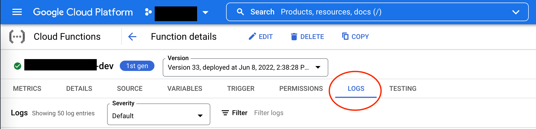 Google Cloud Function (Click on the LOGS tab to access the logs)